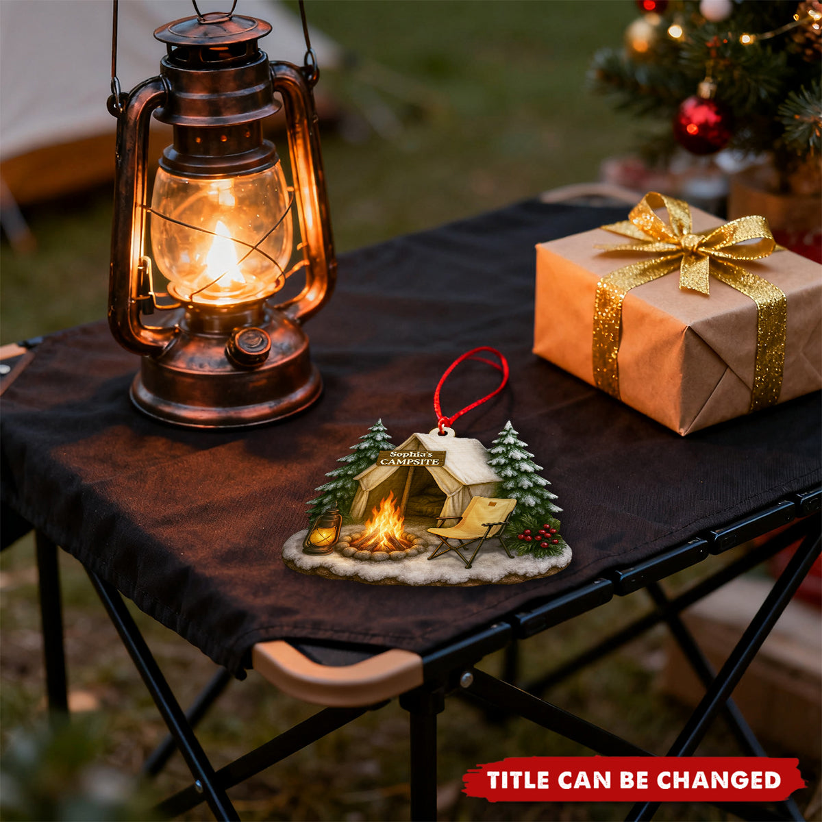 Christmas Campsite Scene - Personalized Custom Shaped Wooden Ornament