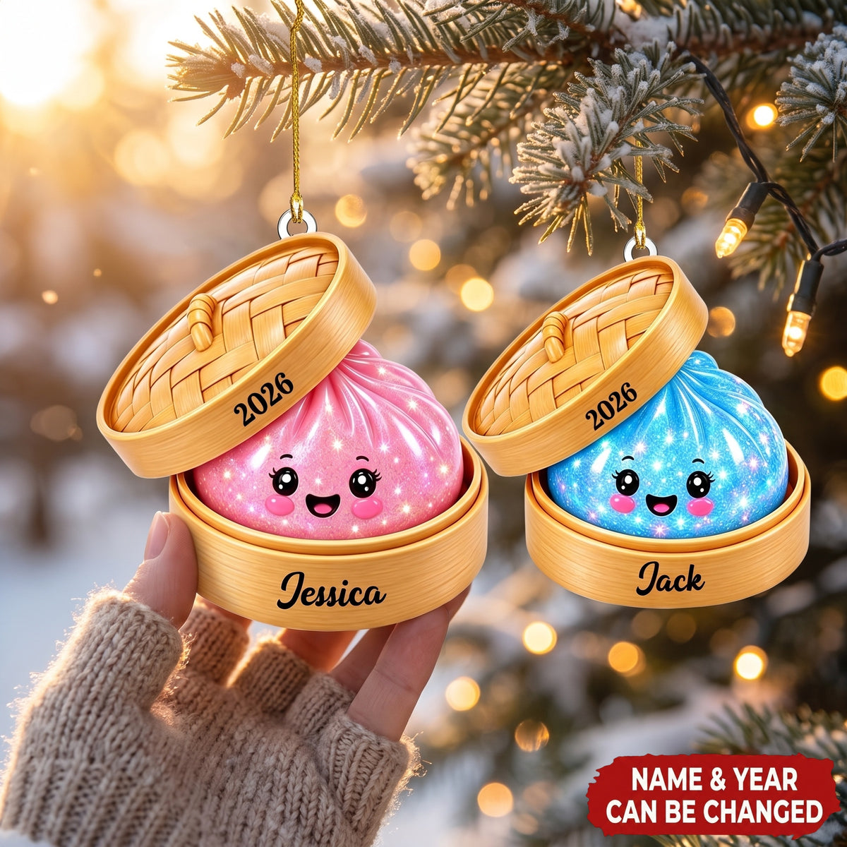 Personalized Glitter Dumpling Ornament, Bamboo Steamer, 2026 Christmas Keepsake