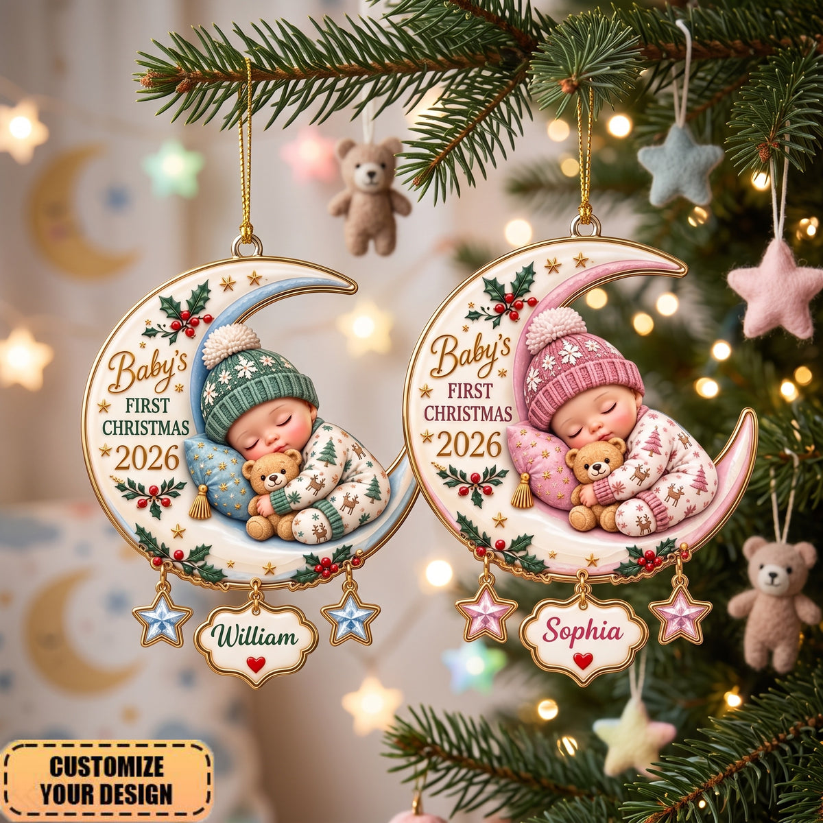 Baby's First Christmas Custom Name Moon & Star - Newborn Christmas Gift for New Parents