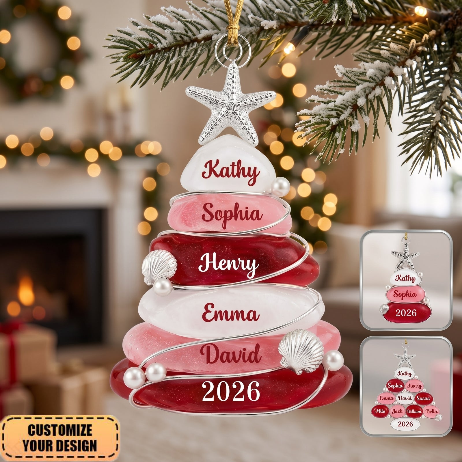 Custom Sea Glass Tree 2026 Ornament, Beach-Themed Family Christmas Decoration