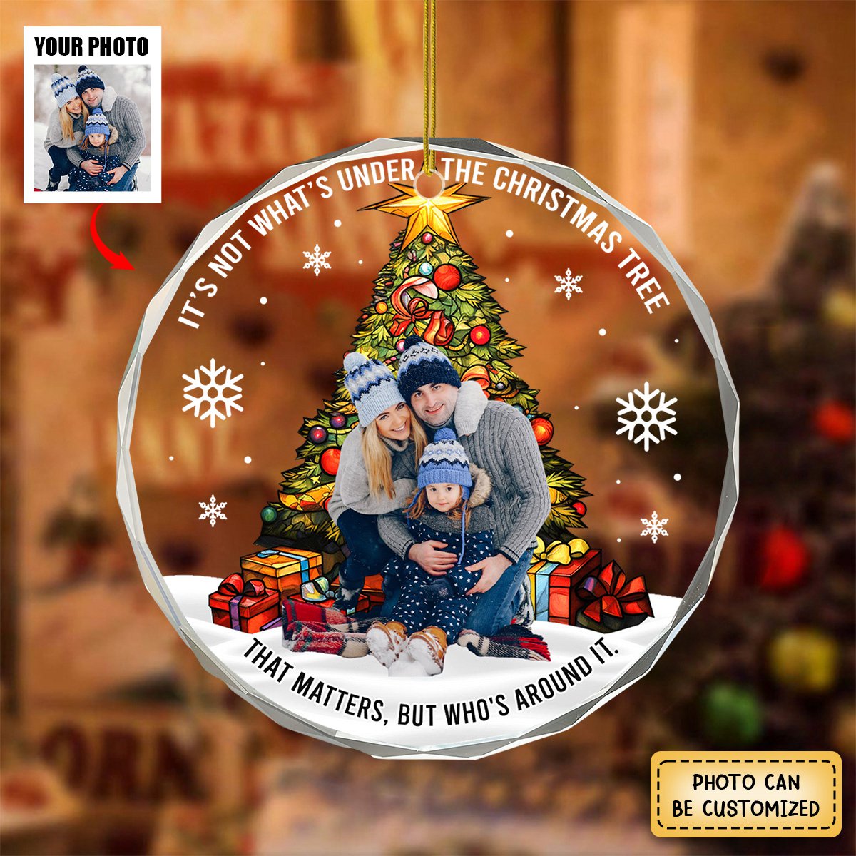 Family Under The Christmas Tree Custom Photo Personalized Crystal Ornament