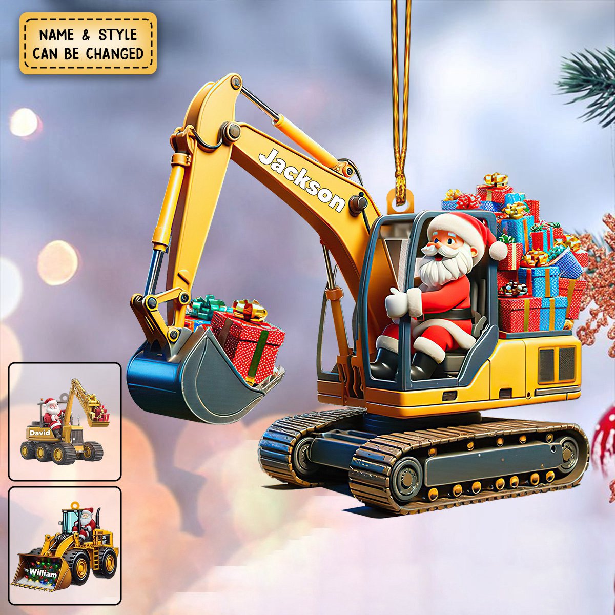Personalized Santa On The Excavator Christmas Shaped Ornament, Xmas Gifts For Kids