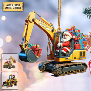 Personalized Santa On The Excavator Christmas Shaped Ornament, Xmas Gifts For Kids