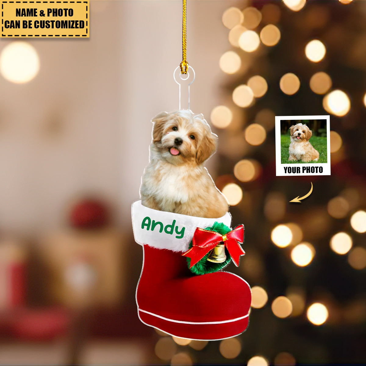 Custom Photo Dog Cat In Santa Boot Personalized Acrylic Ornament