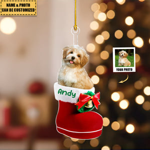 Custom Photo Dog Cat In Santa Boot Personalized Acrylic Ornament
