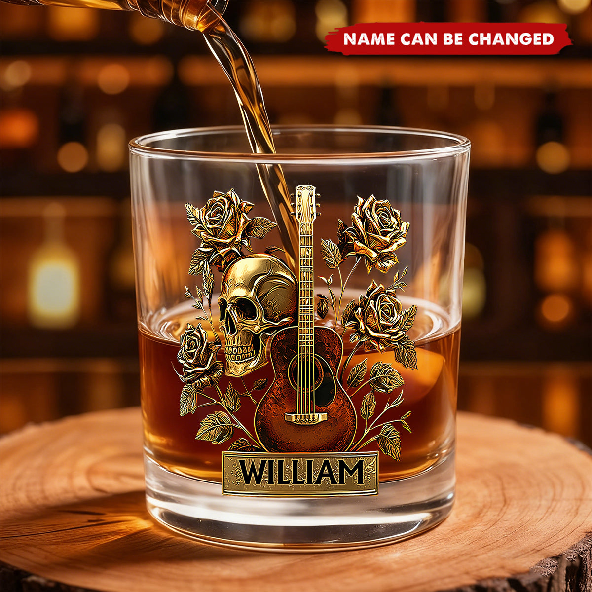 Guitar, Skull & Roses - Personalized Guitar Whiskey Glass