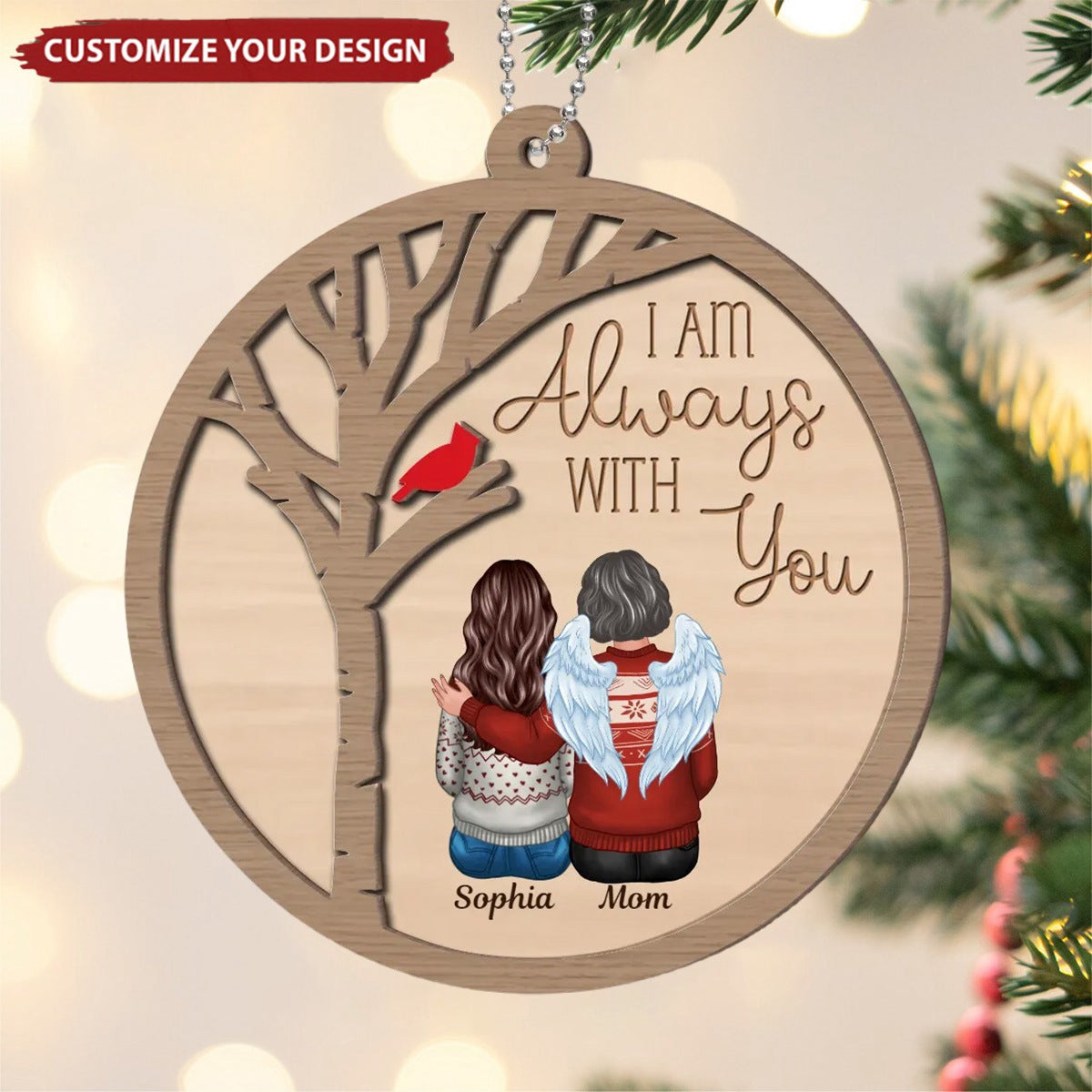 Always With You Cardinal Family Memorial Christmas Personalized 2-Layer Wooden Ornament