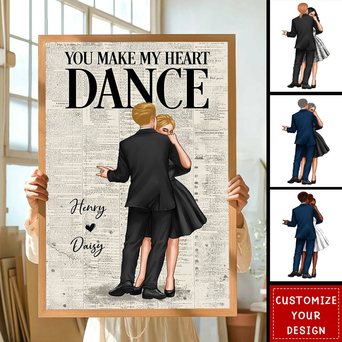 Couple Dancing Vintage Newspaper Anniversary Gift Valentine's Day Gift Personalized Poster