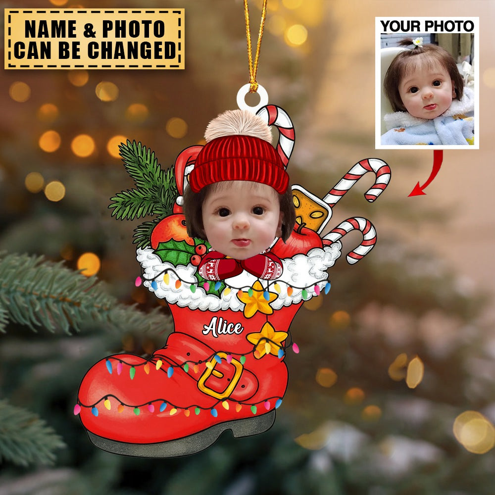 Cute Christmas Kid Santa Shoe Custom Photo Acrylic Ornament