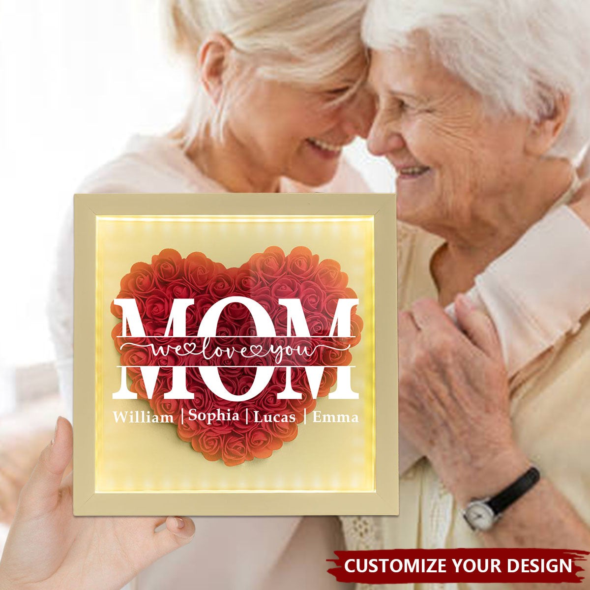 We Love You Mom - Personalized Flower Shadow Box With LED Light