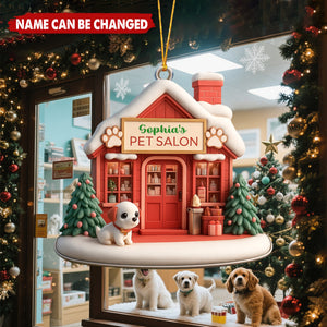 Pet Salon With Dog and Christmas Tree - Personalized Wood Ornament
