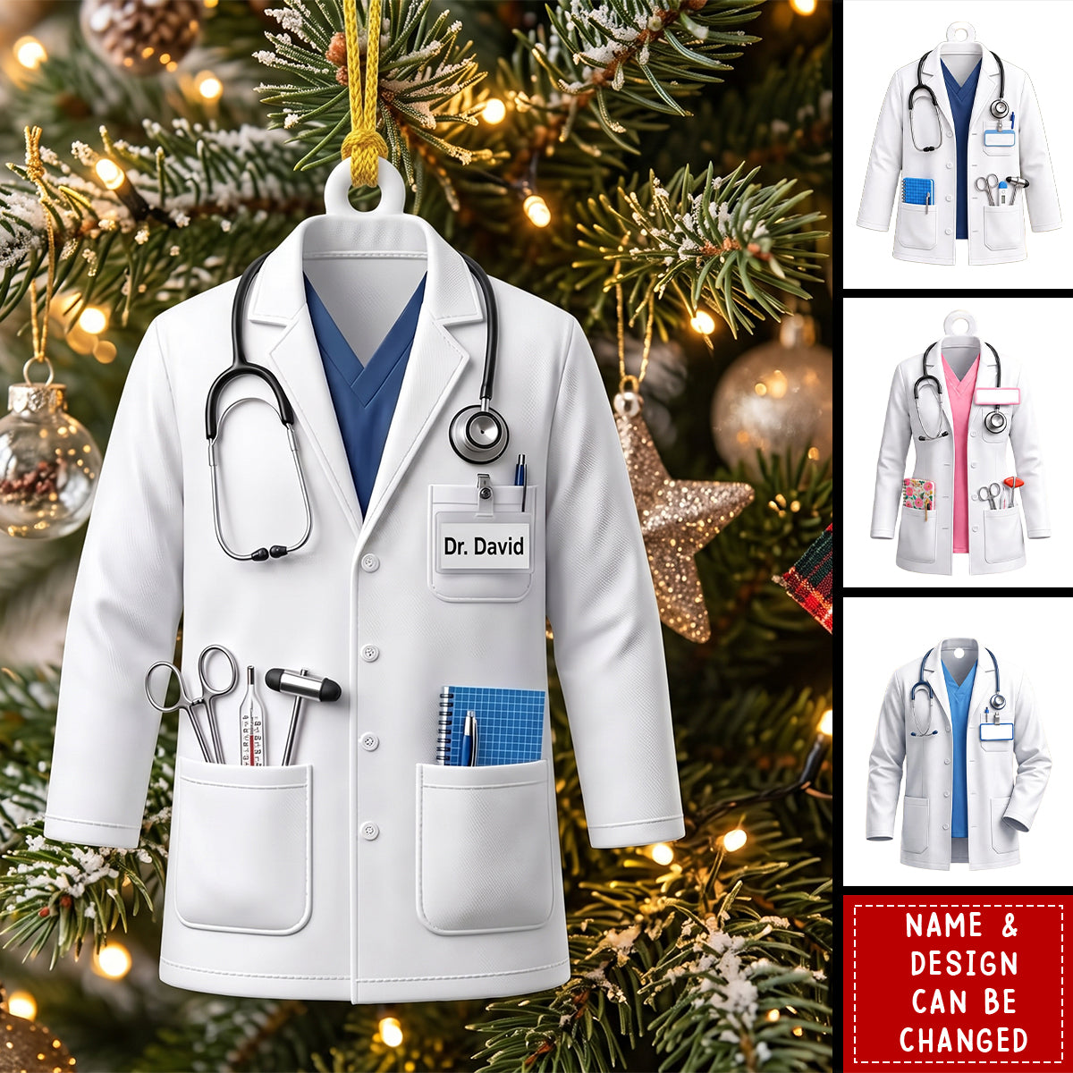 Custom Name Doctor Ornament, White Coat Ornament