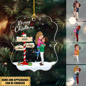 Christmas Doll Couple Hugging In The Snow Personalized Acrylic Christmas Ornament
