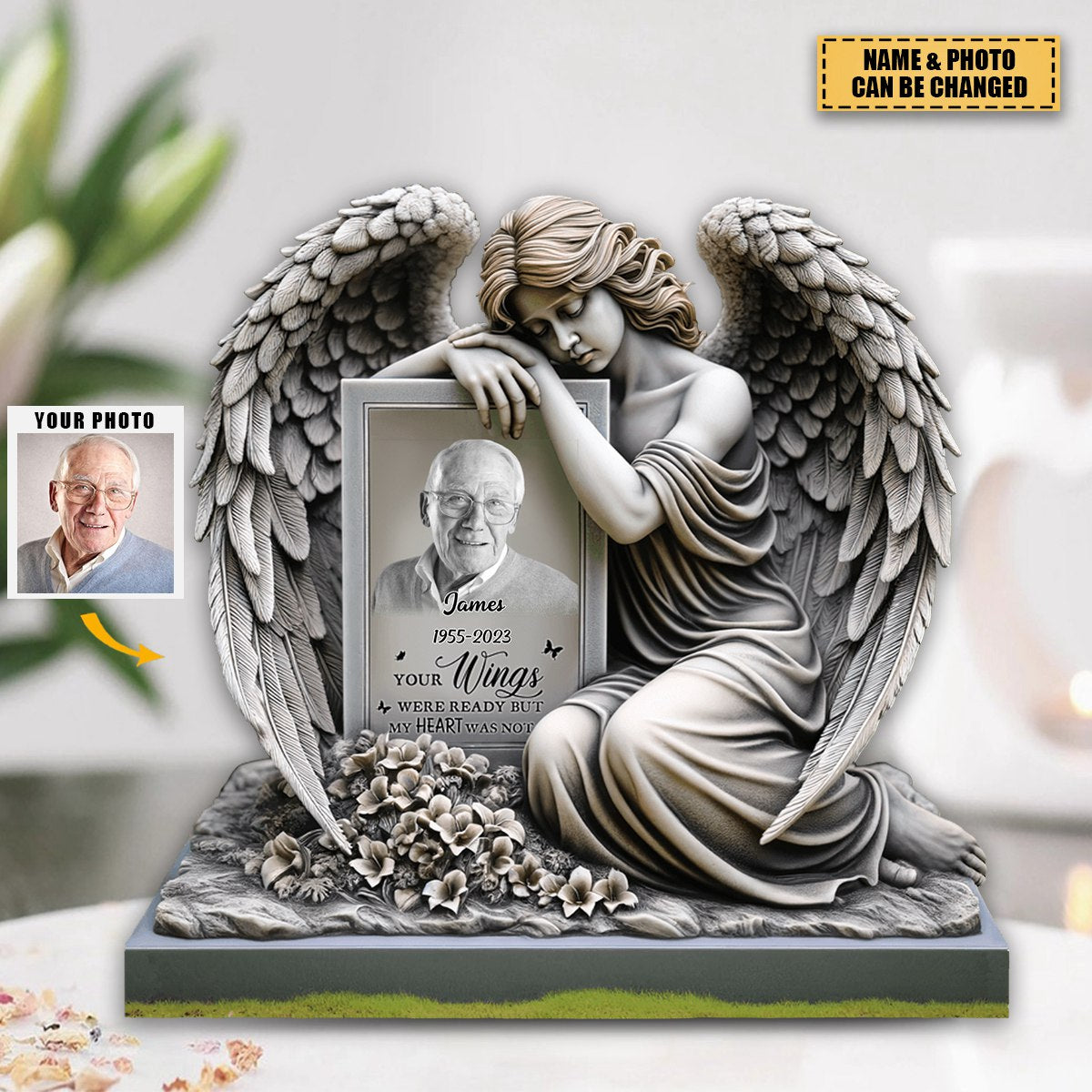 Personalized Memorial Upload Photo Angel Wings, The Moment Your Heart Stopped Mine Changed Forever Acrylic Plaque
