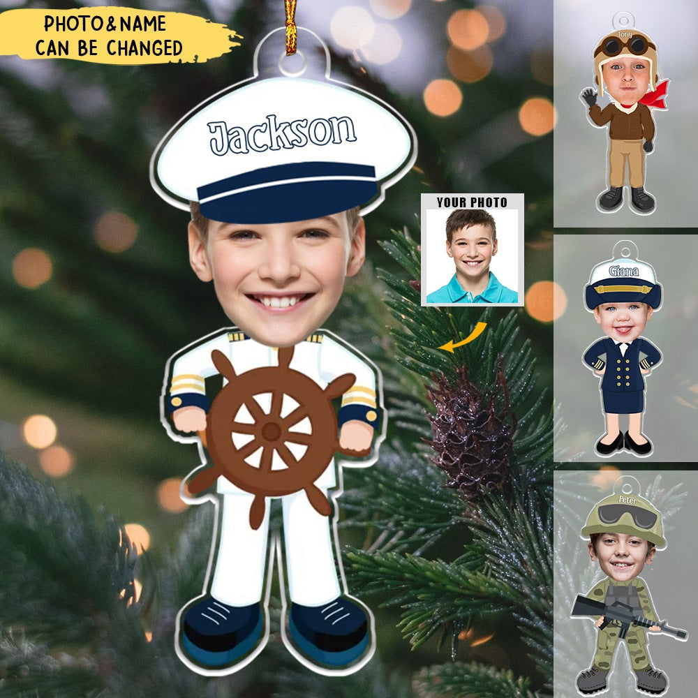 Custom Kid Face Army Pilot Police - Personalized Acrylic Photo Ornament
