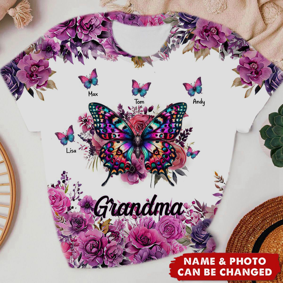 Purple & Pink Floral Butterfly Grandma Personalized 3D T-Shirt