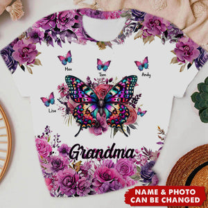 Purple & Pink Floral Butterfly Grandma Personalized 3D T-Shirt
