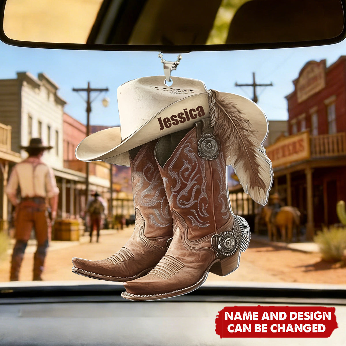 Boots And Hat Cowboy Cowgirl - Personalized Car Ornament