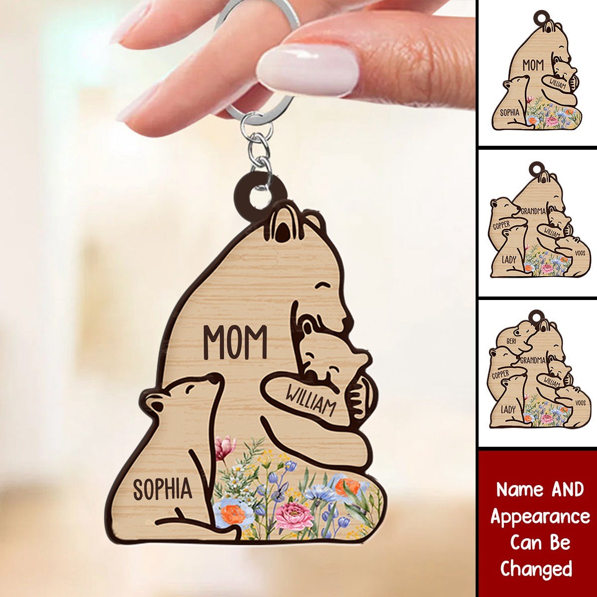 Grandma/Mama Bear Cuddling Little Bear Kids Personalized Wooden Keychain
