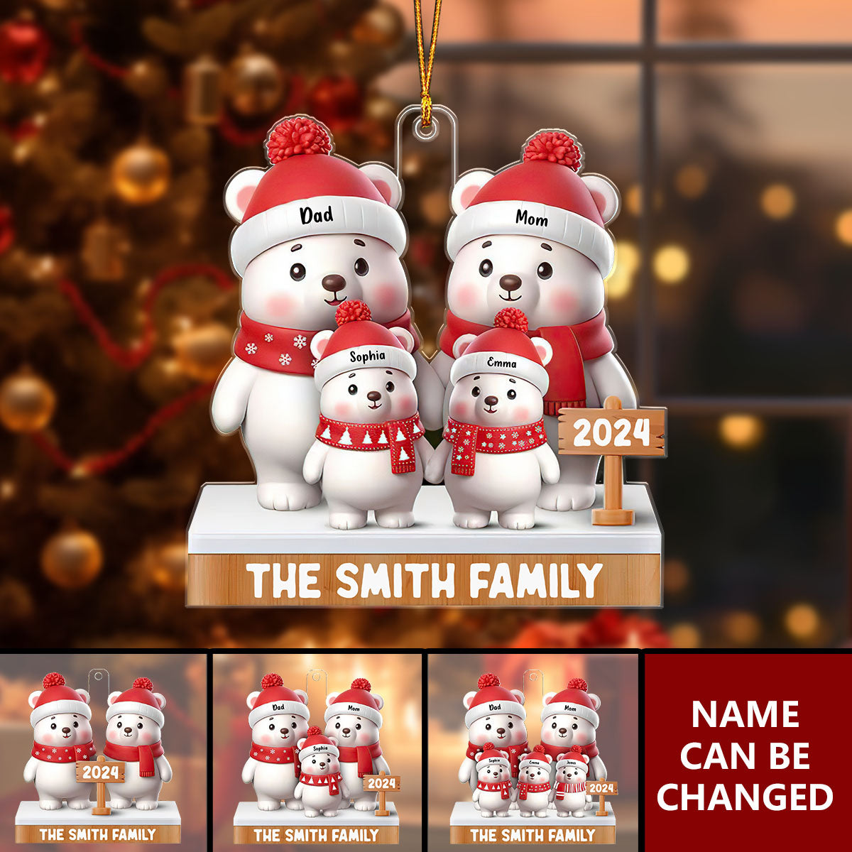 Personalized 3d Polar Bears Christmas Family Ornament