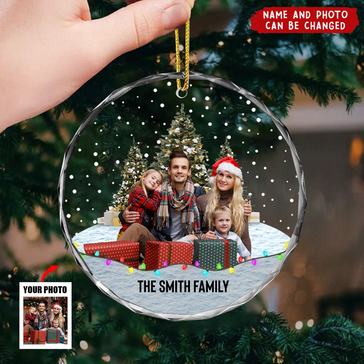 Custom Photo Family Friends Snow - Personalized Circle Glass Ornament