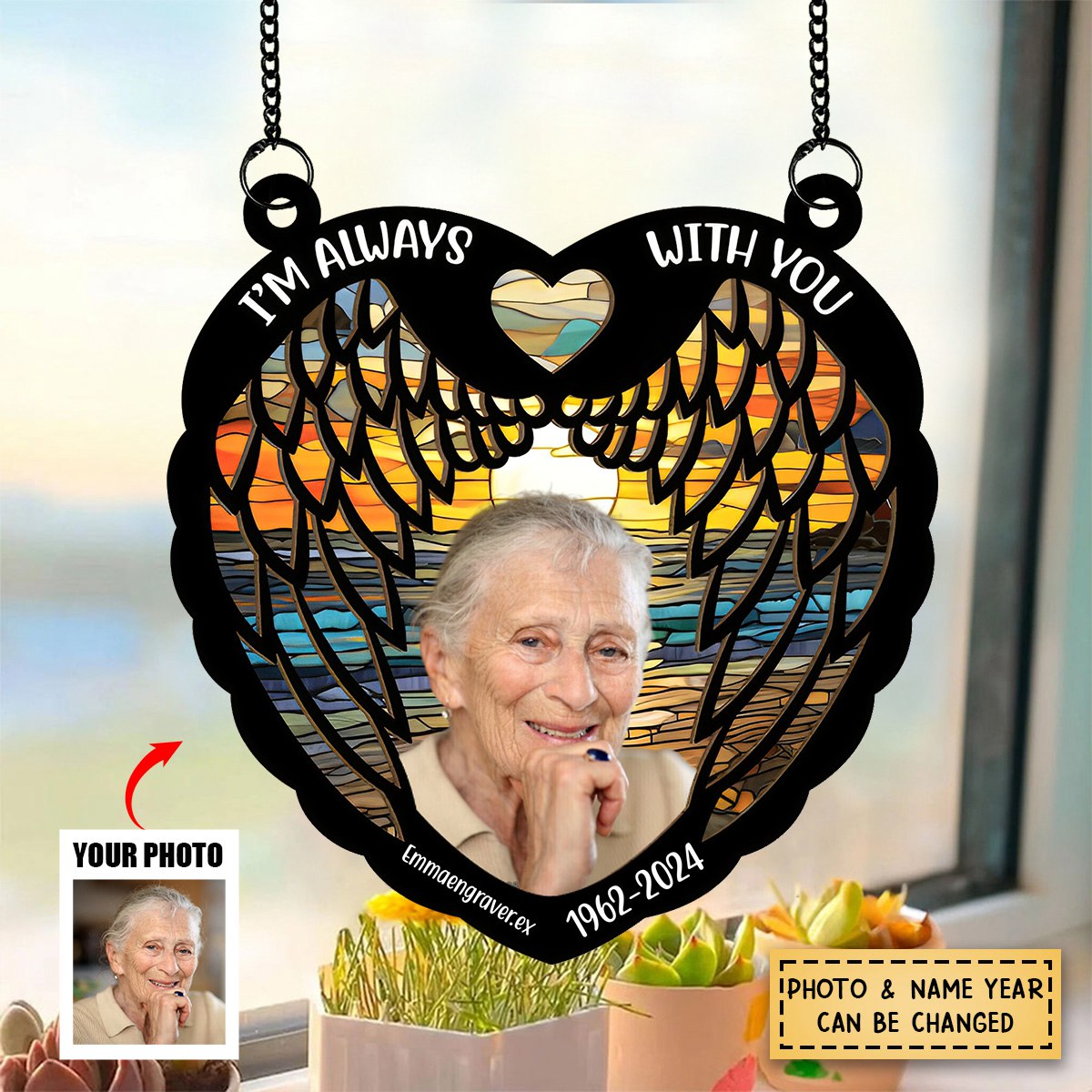 Custom Photo Memorial I'm Always With You Wings - Personalized Acrylic Window Suncatcher Ornament - Gift For Memorial