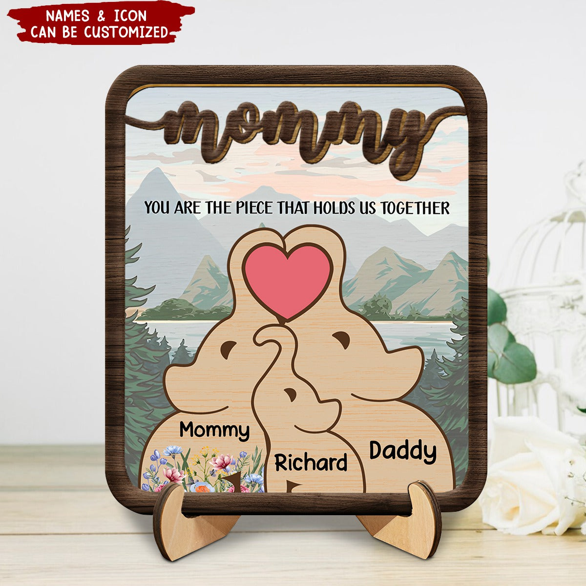Elephant Mom You Are The Piece That Hold Us Together - Personalized 2-Layered Wooden Plaque With Stand