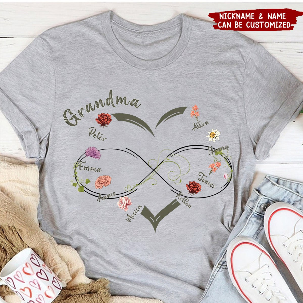 Personalized Floral Heart Grandma Mom Vintage Birth Month Flower T-shirt