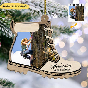 Mountains Are Calling - Personalized Christmas Photo Upload Gifts Custom Wooden Ornament for Hiking Lovers