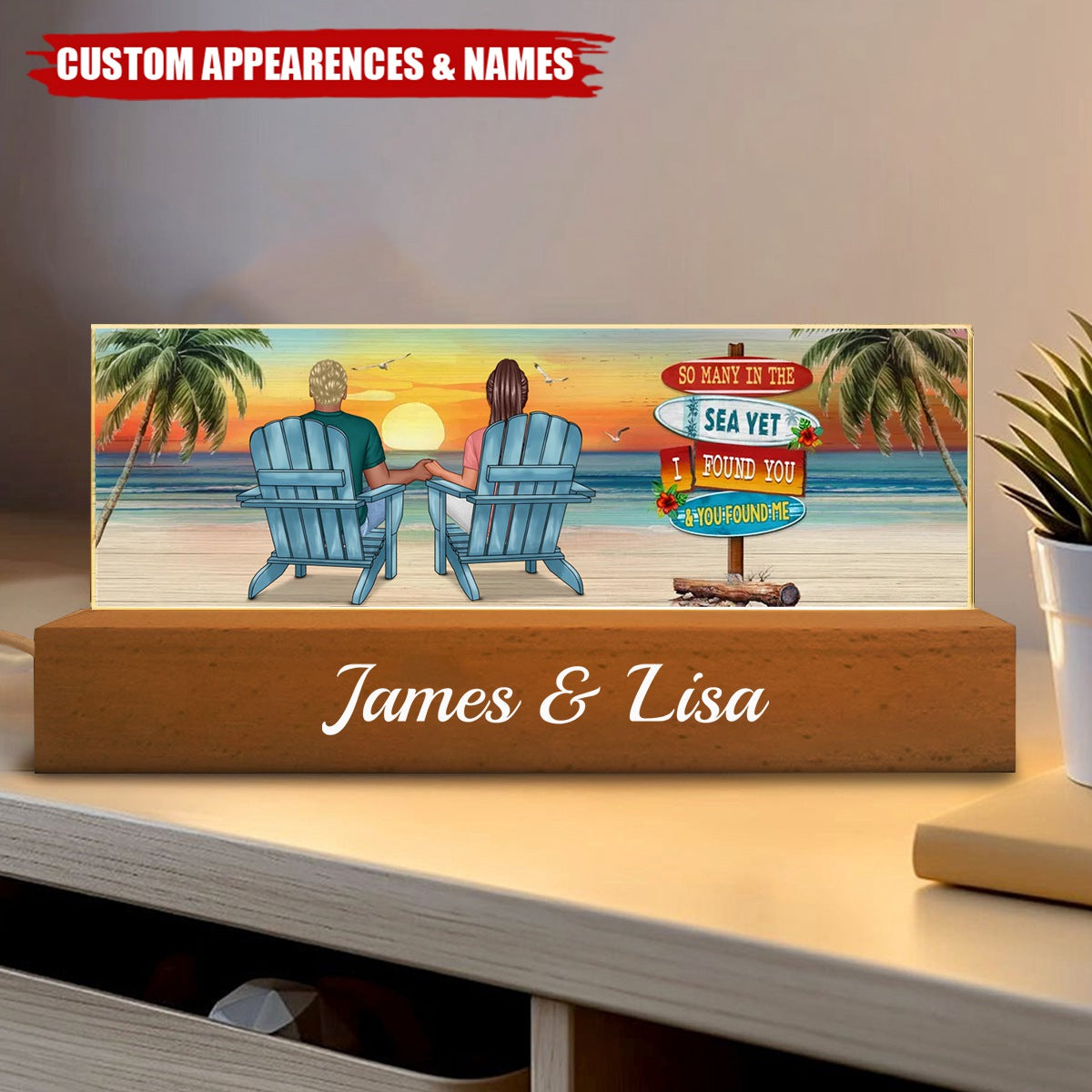 Summer Couple Sitting Be Happy Personalized Acrylic Block LED Night Light - Anniversary Gift