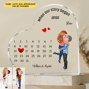 When Our Story Began - Doll Couple Kissing Hugging - Personalized Acrylic Glass Heart Shaped Plaque
