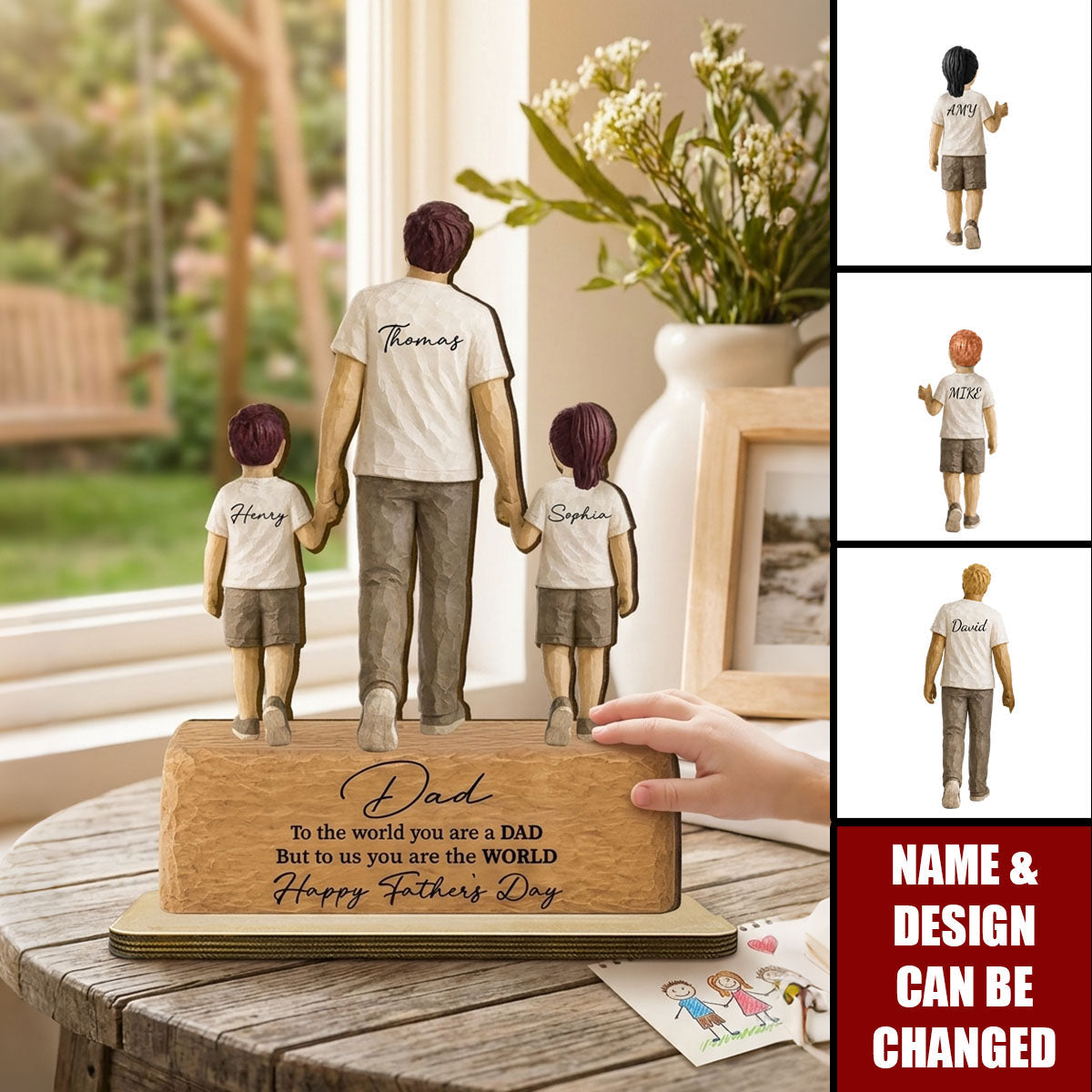 Sentimental Rustic Dad And Kids Walking - Personalized 2-Layered Wooden Plaque - Heartfelt Father's Day Gift For Dad, Husband
