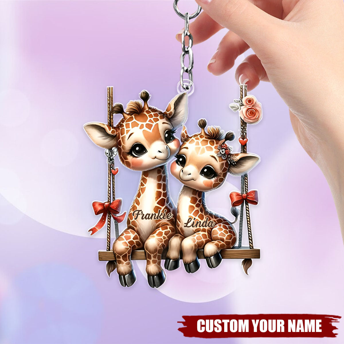 Swinging Into Love Adorable Giraffe Couple Personalized Acrylic Keychain