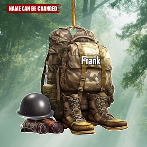 Custom Name Military Uniform Boots & Helmet Christmas Ornament