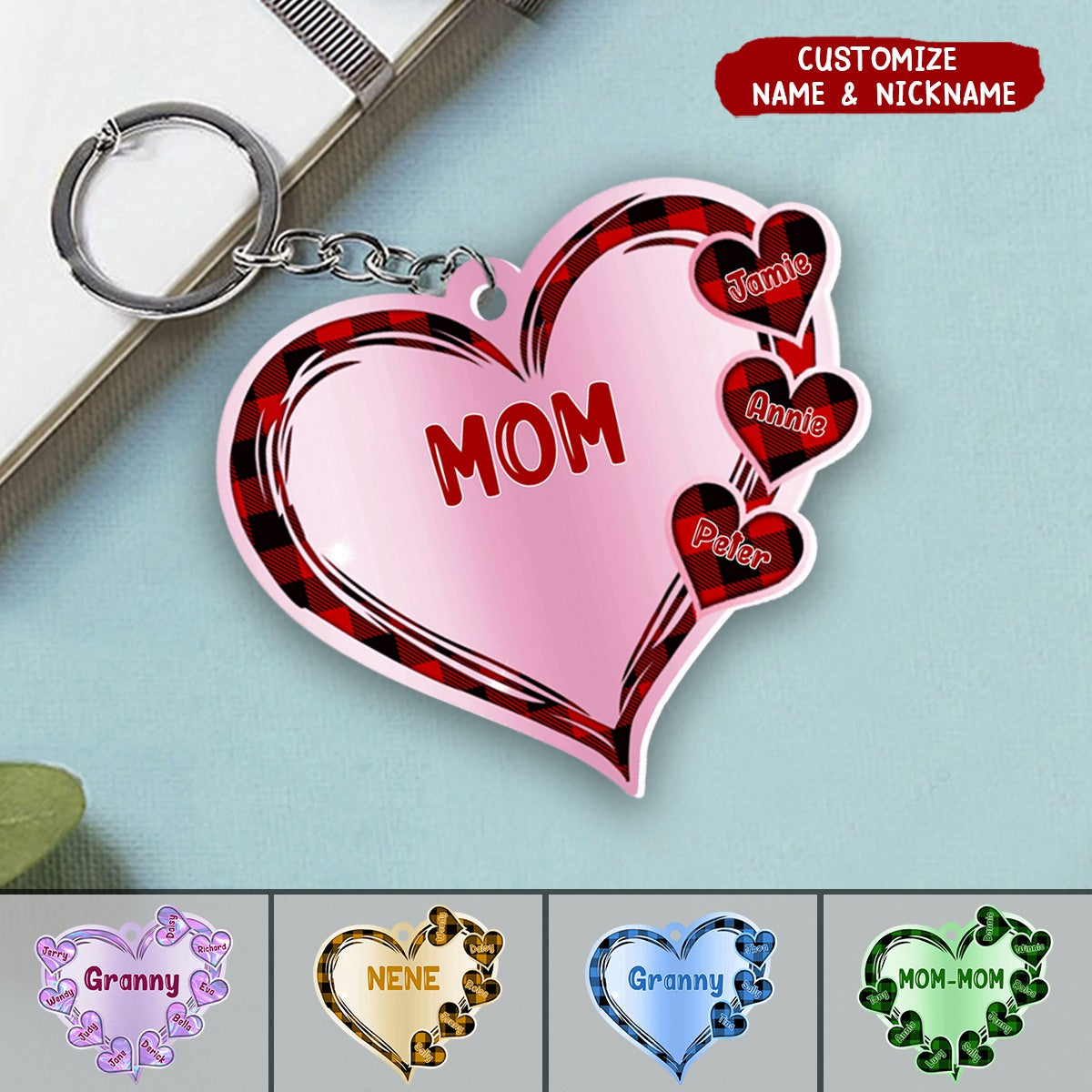 Grandma Mom Heart Hologram Plaid Personalized Acrylic Keychain
