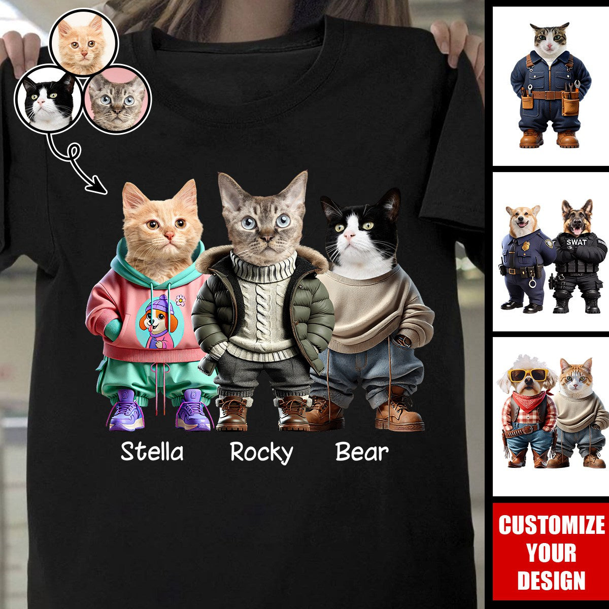 Custom Photo Cool Dog Cat Career Uniforms - Personalized T-Shirt