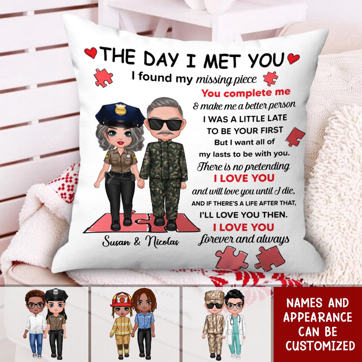 Found My Missing Piece - Occupation Standing Couple Personalized Pillow, Gift For Couple Firefighter, Nurse, Police Officer