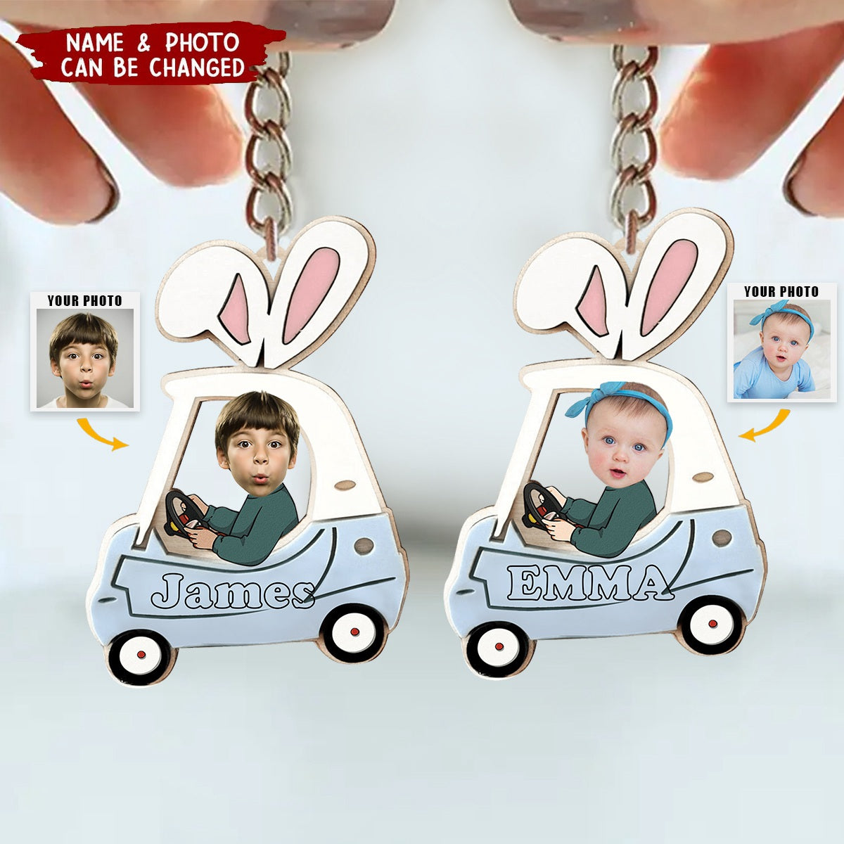 Personalized Cute Little Kid Easter Bunny Car Keychain