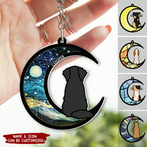 Dog & Cat On Moon - Personalized Acrylic Keychain