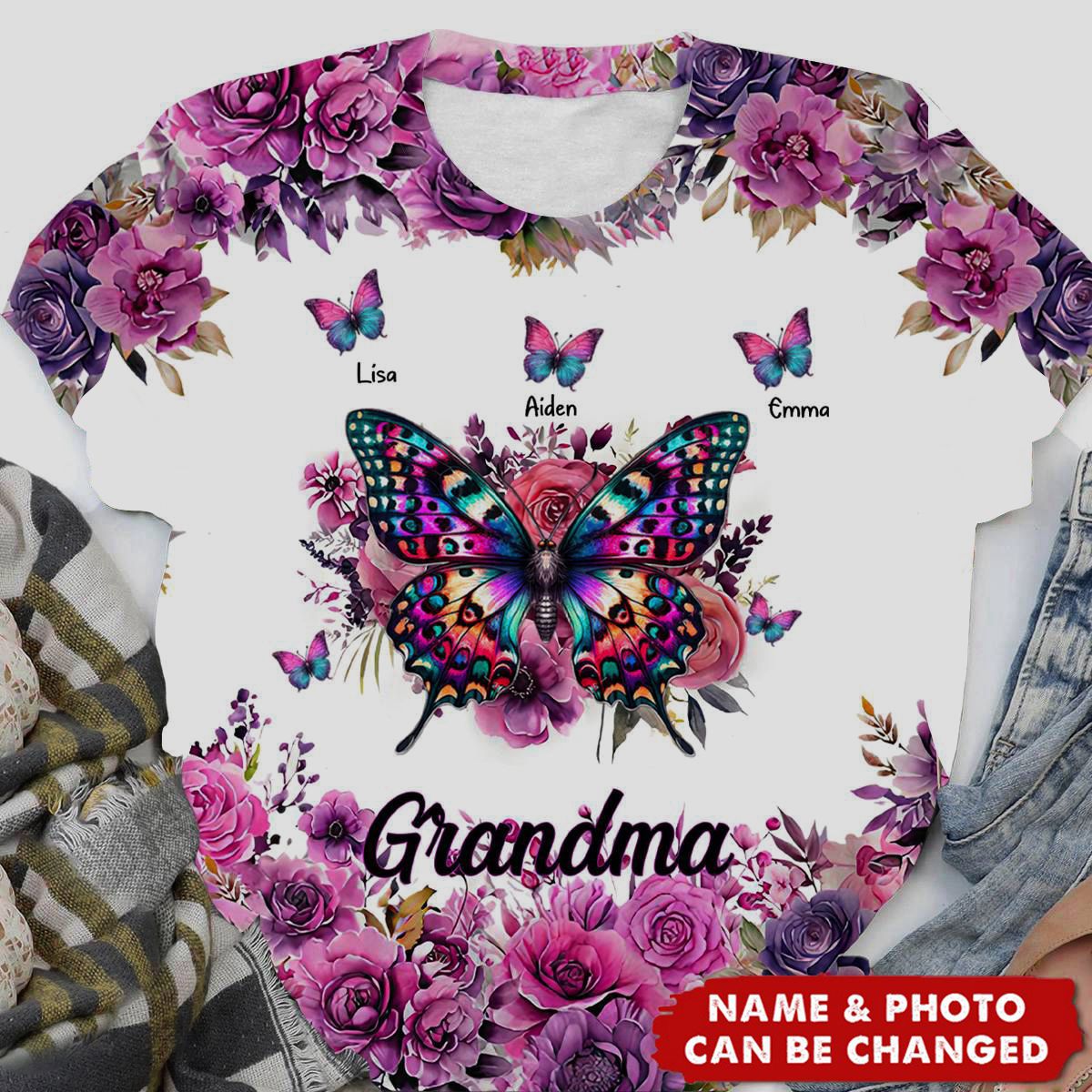 Purple & Pink Floral Butterfly Grandma Personalized 3D T-Shirt