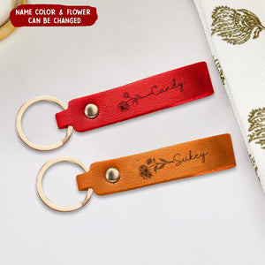 Personalised Birth Flower Leather Keychain with Engraved Name Christmas Gift Wedding Party Gift Bridesmaid Gift