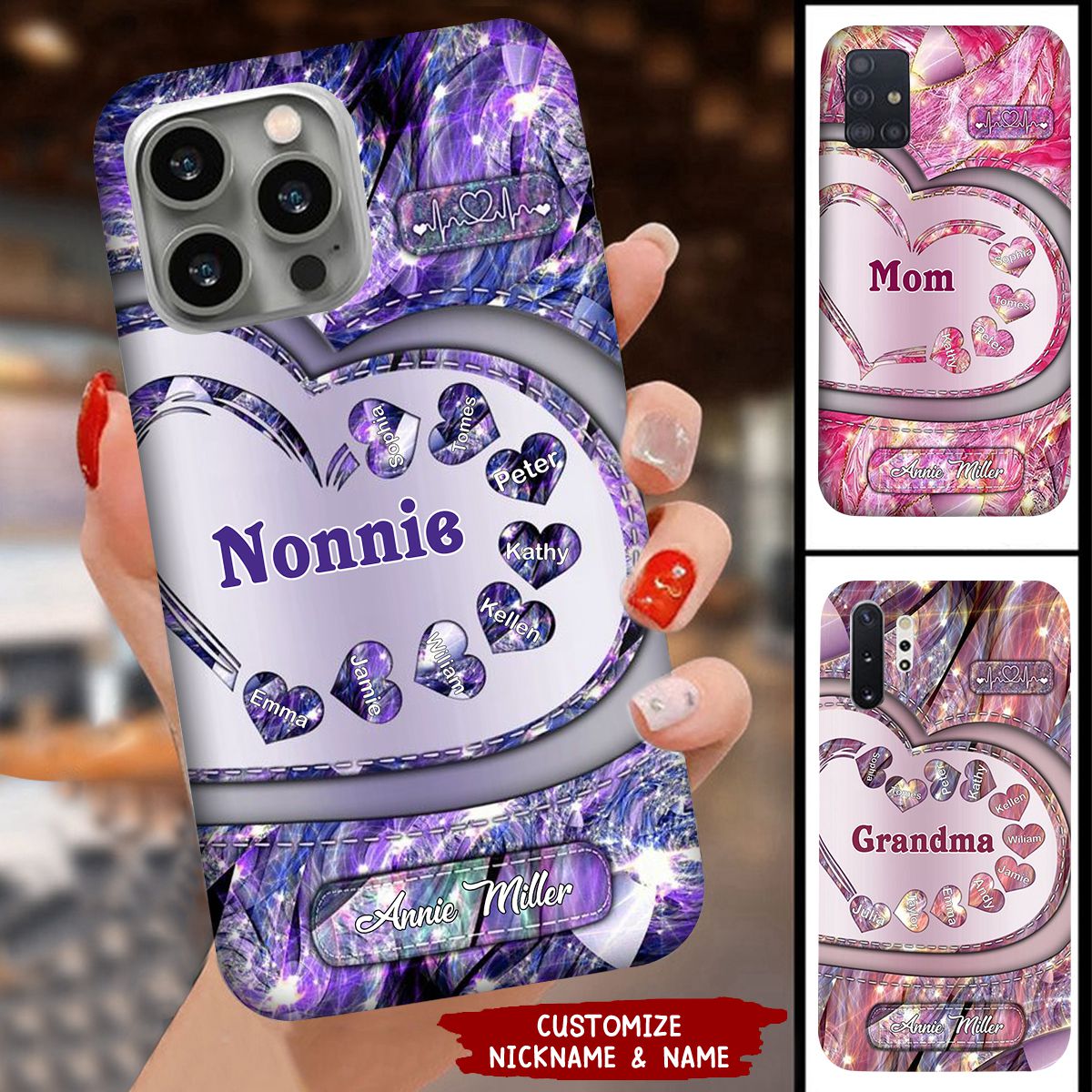 Sparkling Grandma Mom With Sweet Heart Kids, Multi Colors Personalized Glass Phone Case