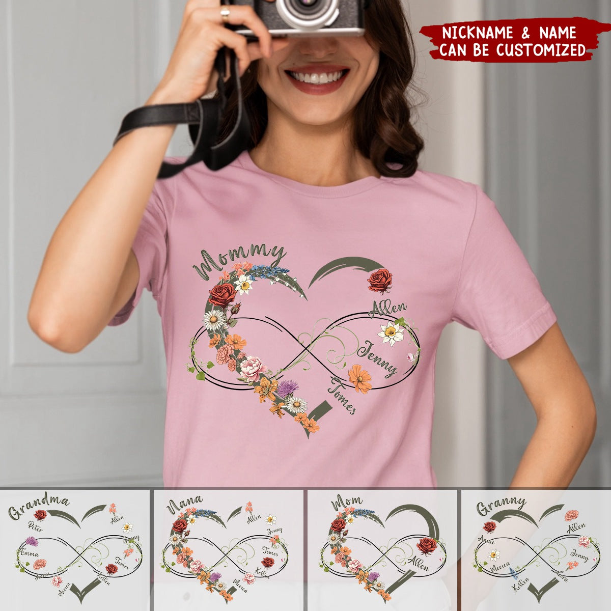 Personalized Floral Heart Grandma Mom Vintage Birth Month Flower T-shirt