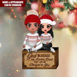 Christmas Doll Couple Sitting Hugging - My Heart Is Wherever You Are - Personalized Ornament