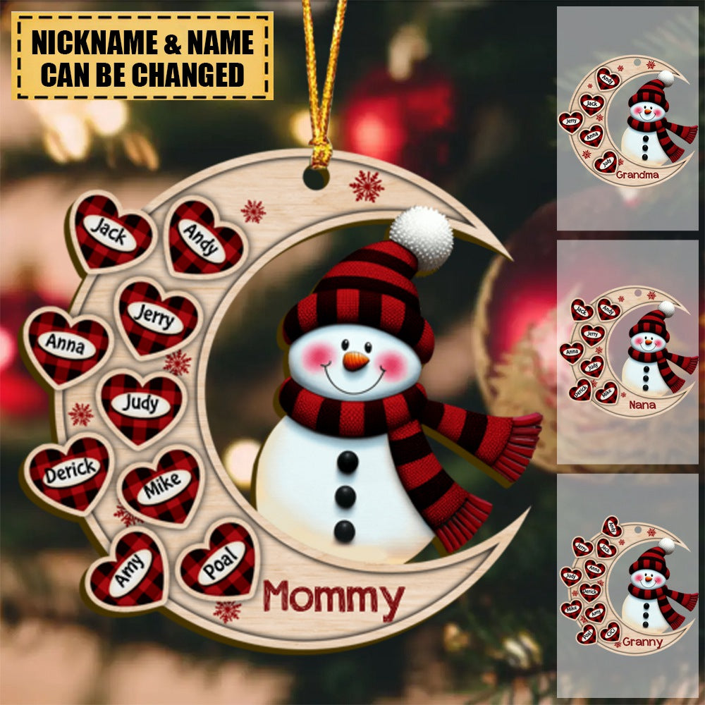 Christmas Happy Snowman Nana Mom Heart Kids On Moon Personalized Ornament