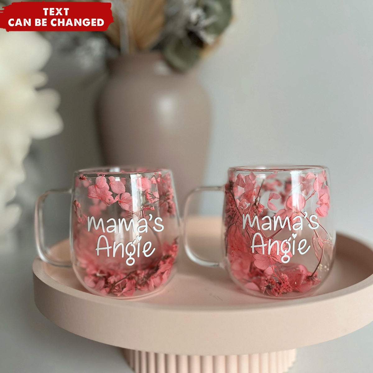 Insulated Layer Dried Flowers Personalized Double Walled Glass Coffee Mug With Handle