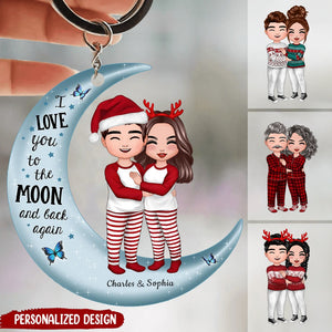 Christmas Doll Couple Standing Hugging On Moon Personalized Keychain