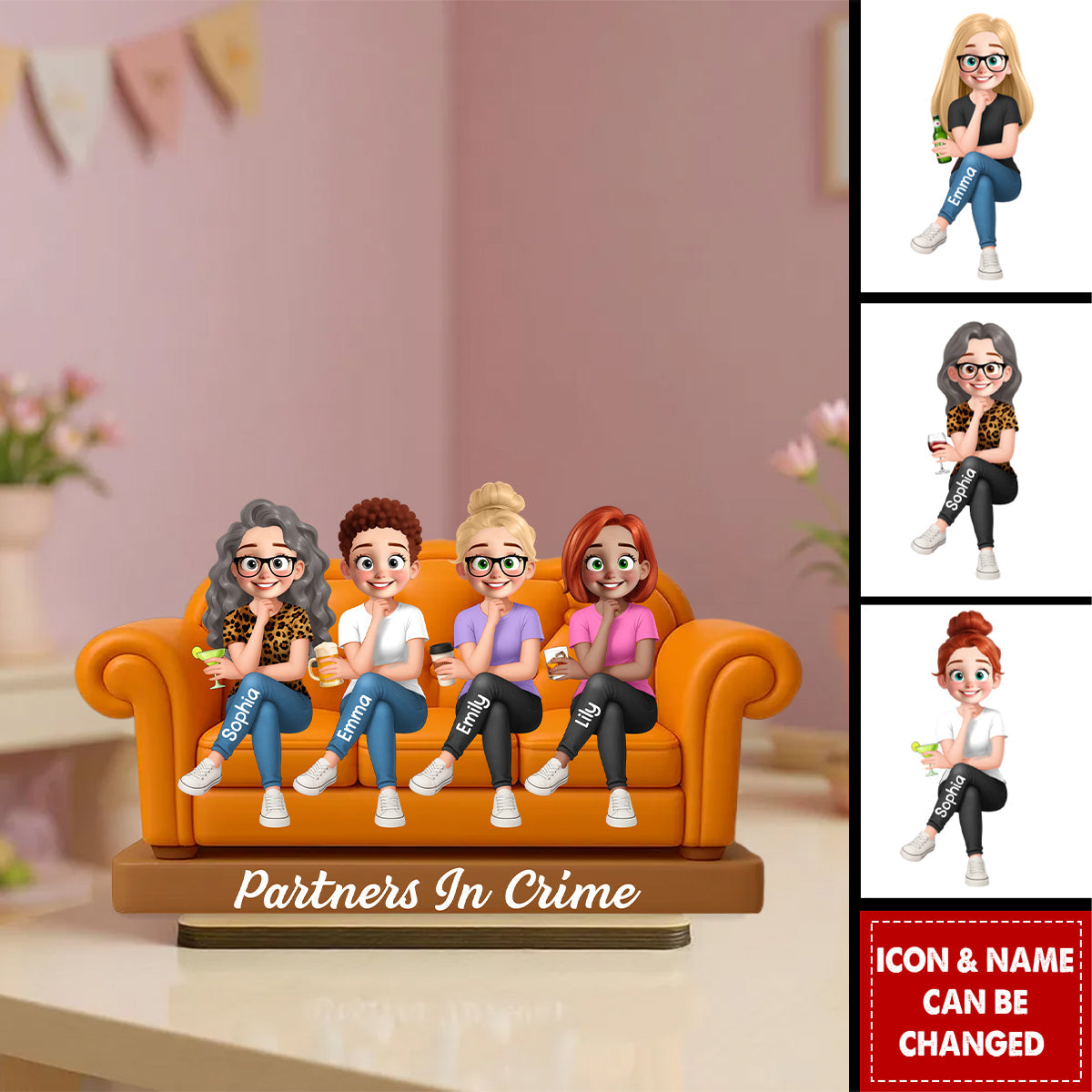 Besties Sitting On Sofa Personalized Wooden Standing Plaque, Gift for Besties, Sisters, Best Friends