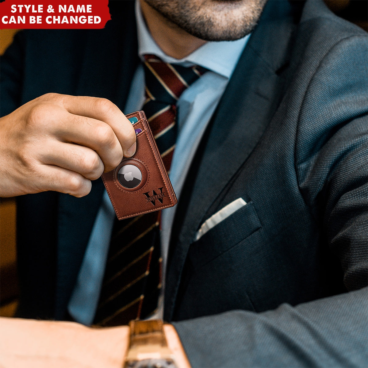 Personalized Leather Card Holder Magnetic Closure RFID Blocking AirTag Wallet