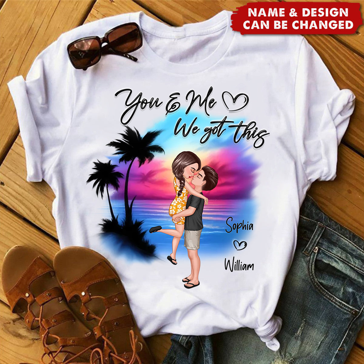 Couple Hugging Kissing Airbrushed Beach Scene Personalized T-Shirt